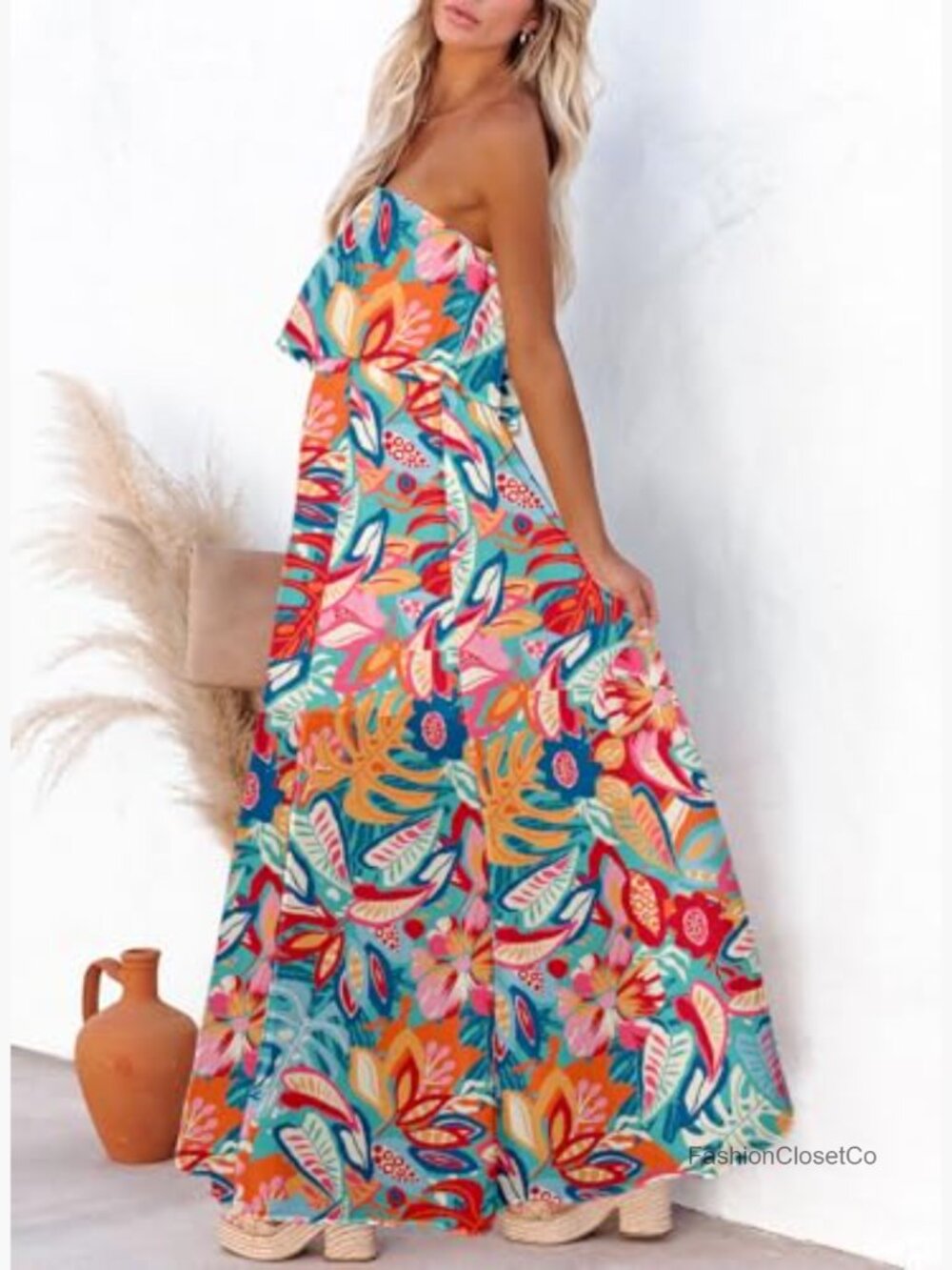 Strapless High Waist Side Split Flowy Boho Maxi Dress - Picture 2 of 7
